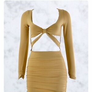 LONG SLEEVE TAN BODY CON MINI CUT OUT DRESS
